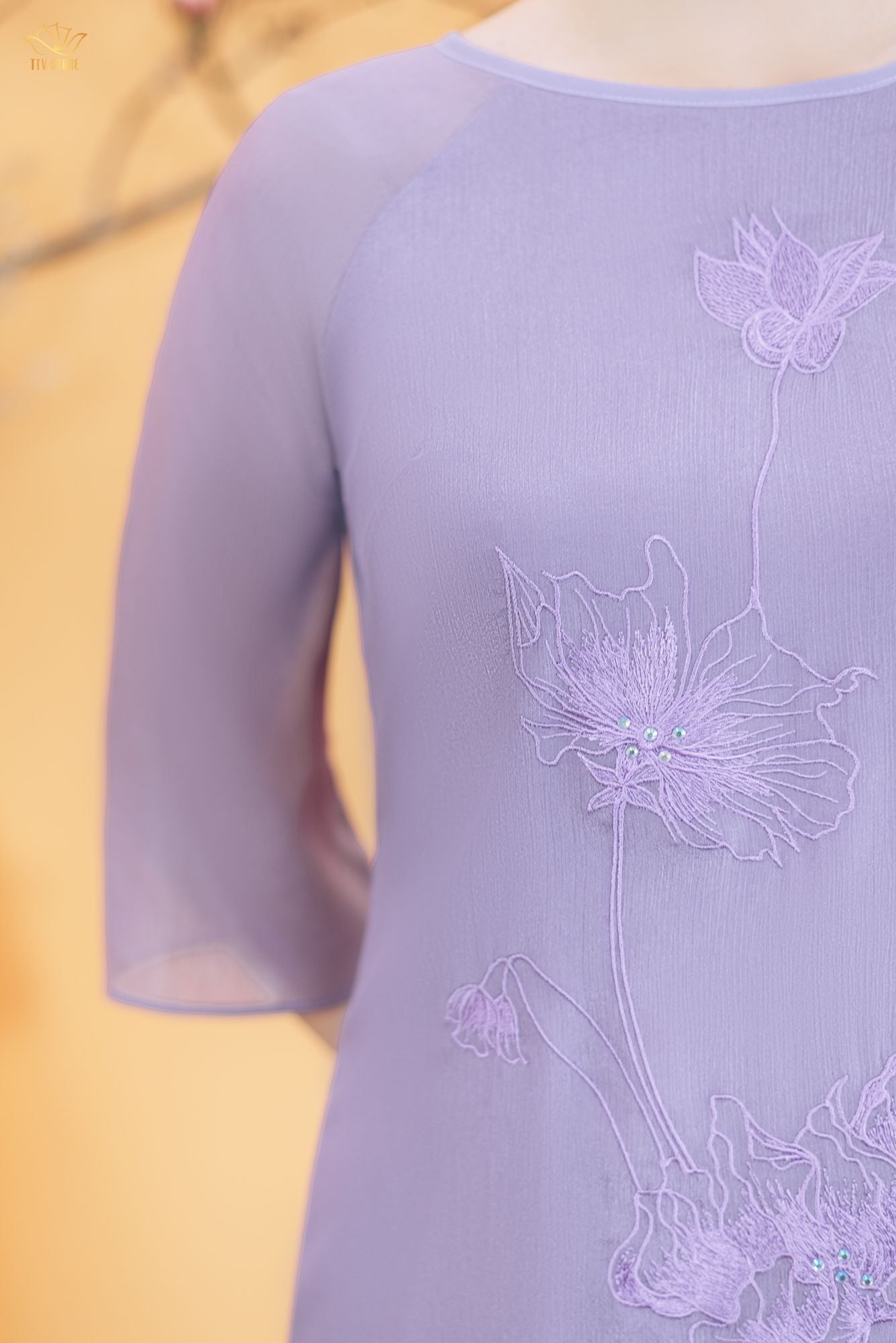 Áo dài cách tân - Cổ tròn kết hoa tay lỡ - CD - Tím - TTV1763