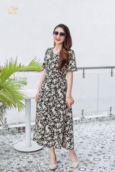 Maxi - Cổ tim tay loe - CT - Đen hoa trắng - TTV1134