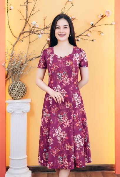 Đầm xòe 8 mảnh - Cổ sóng nước tay ngắn - CD - Tím đỏ hoa - TTV1774