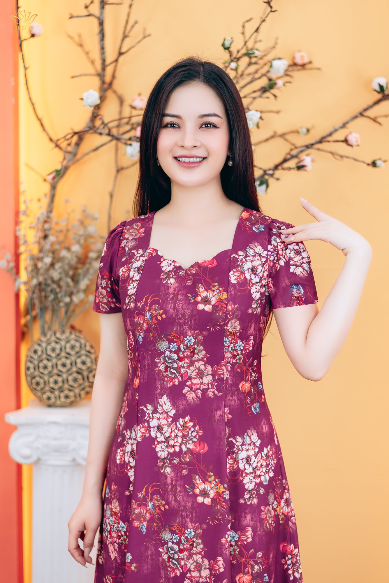Đầm xòe 8 mảnh - Cổ sóng nước tay ngắn - CD - Tím đỏ hoa - TTV1774