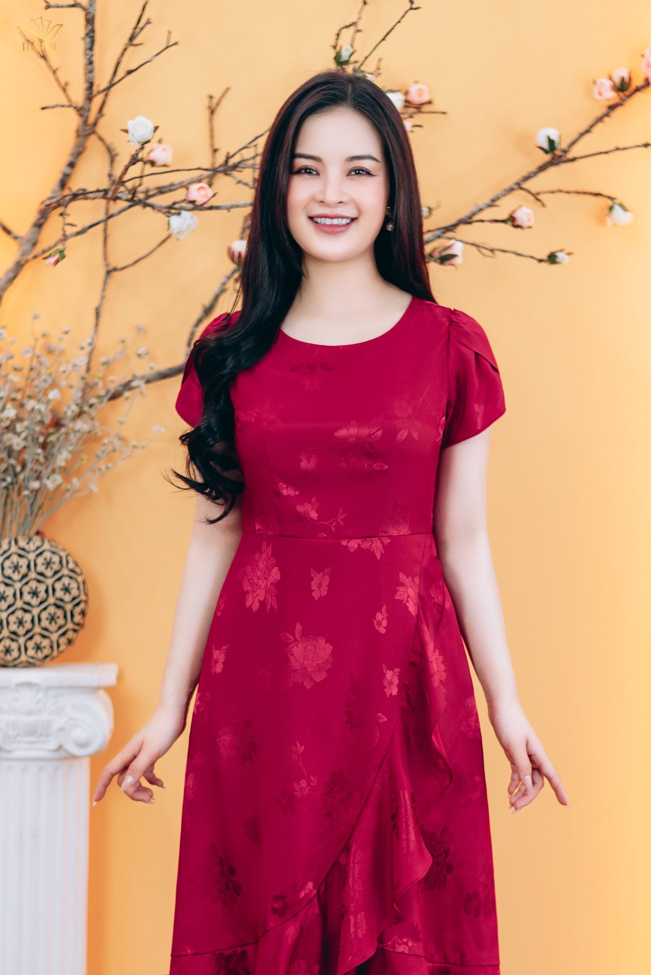 Đầm form A - Cổ tròn tay búp - CT - Đỏ đô - TTV1771