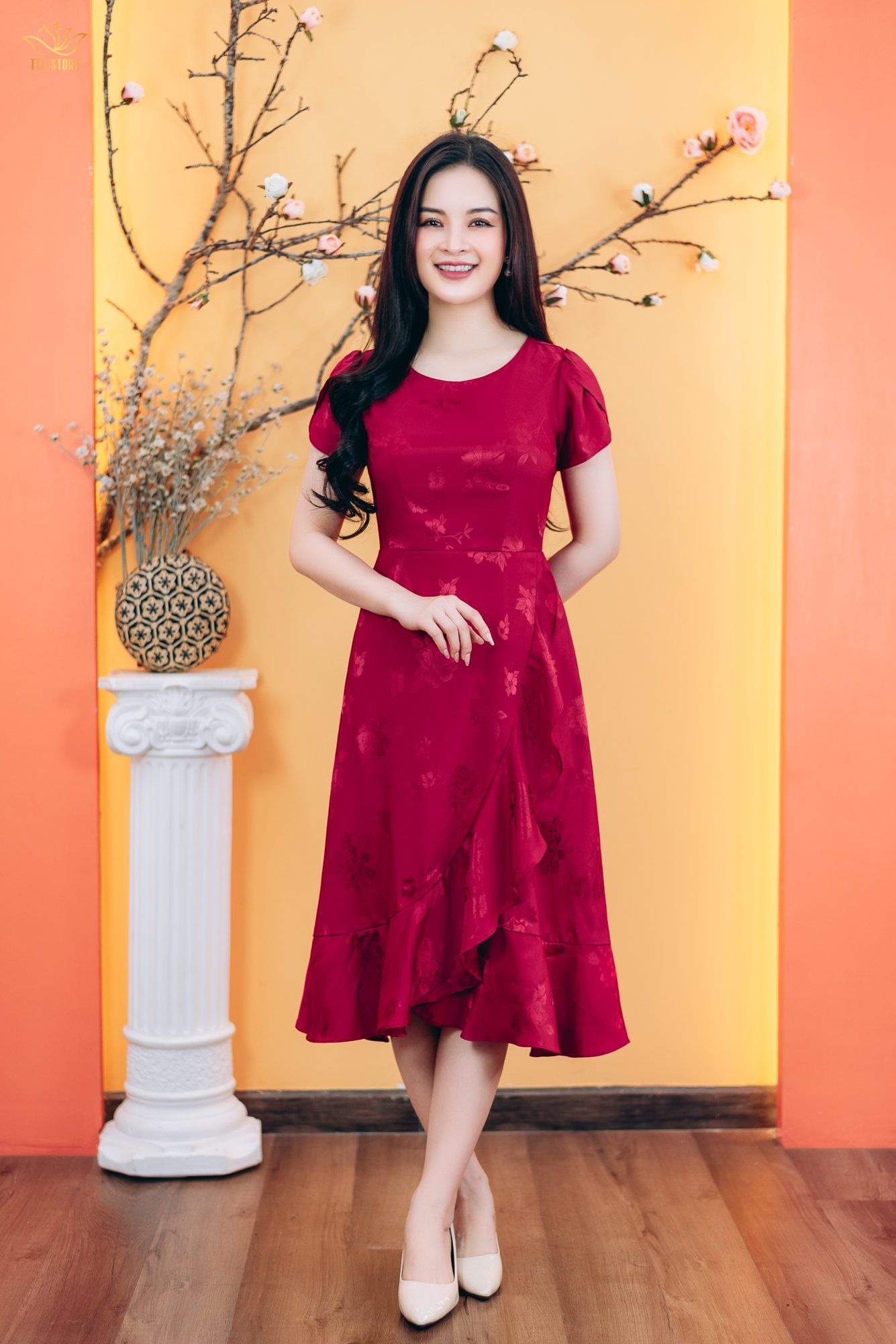 Đầm form A - Cổ tròn tay búp - CT - Đỏ đô - TTV1771