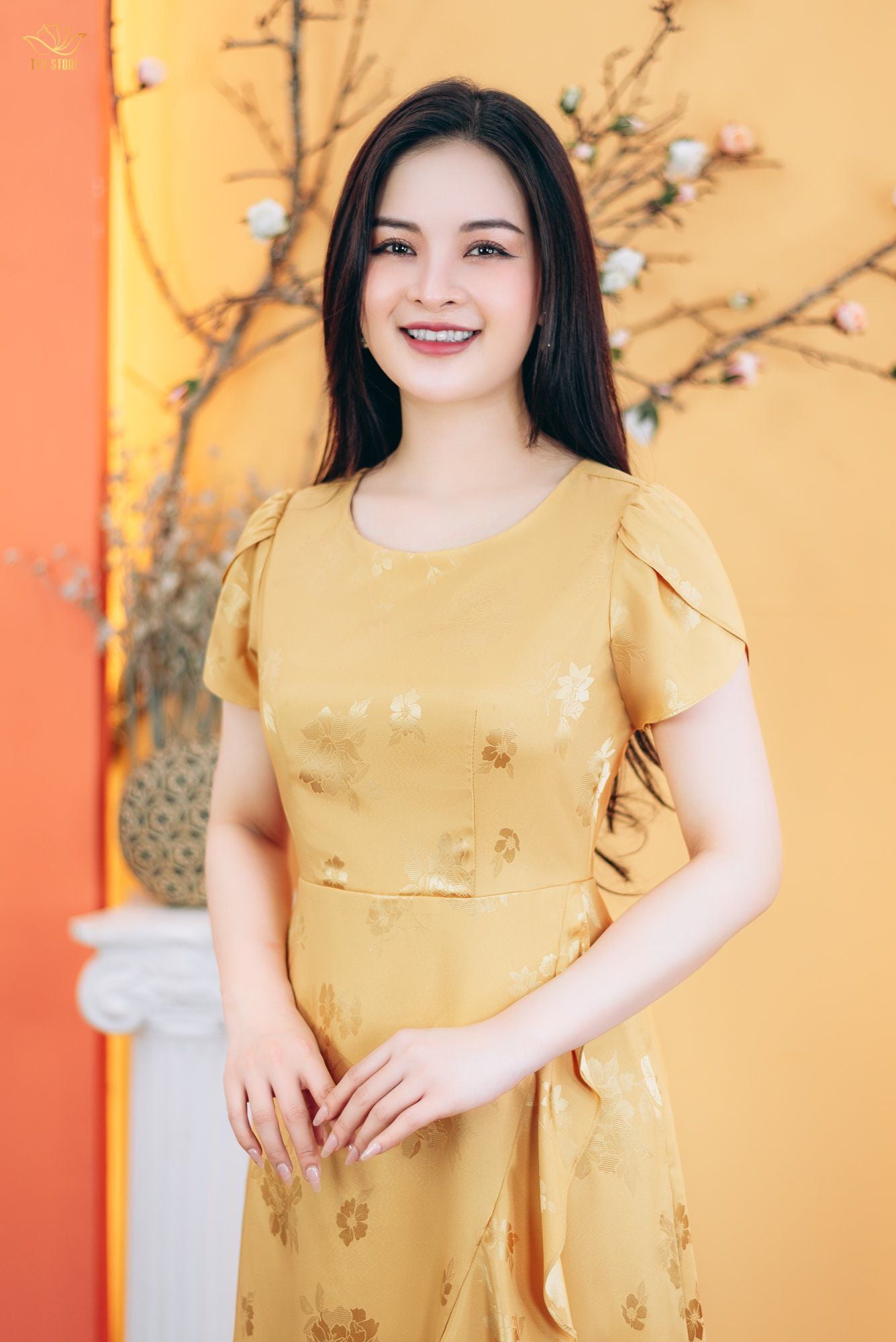 Đầm form A - Cổ tròn tay búp - CT - Vàng - TTV1771