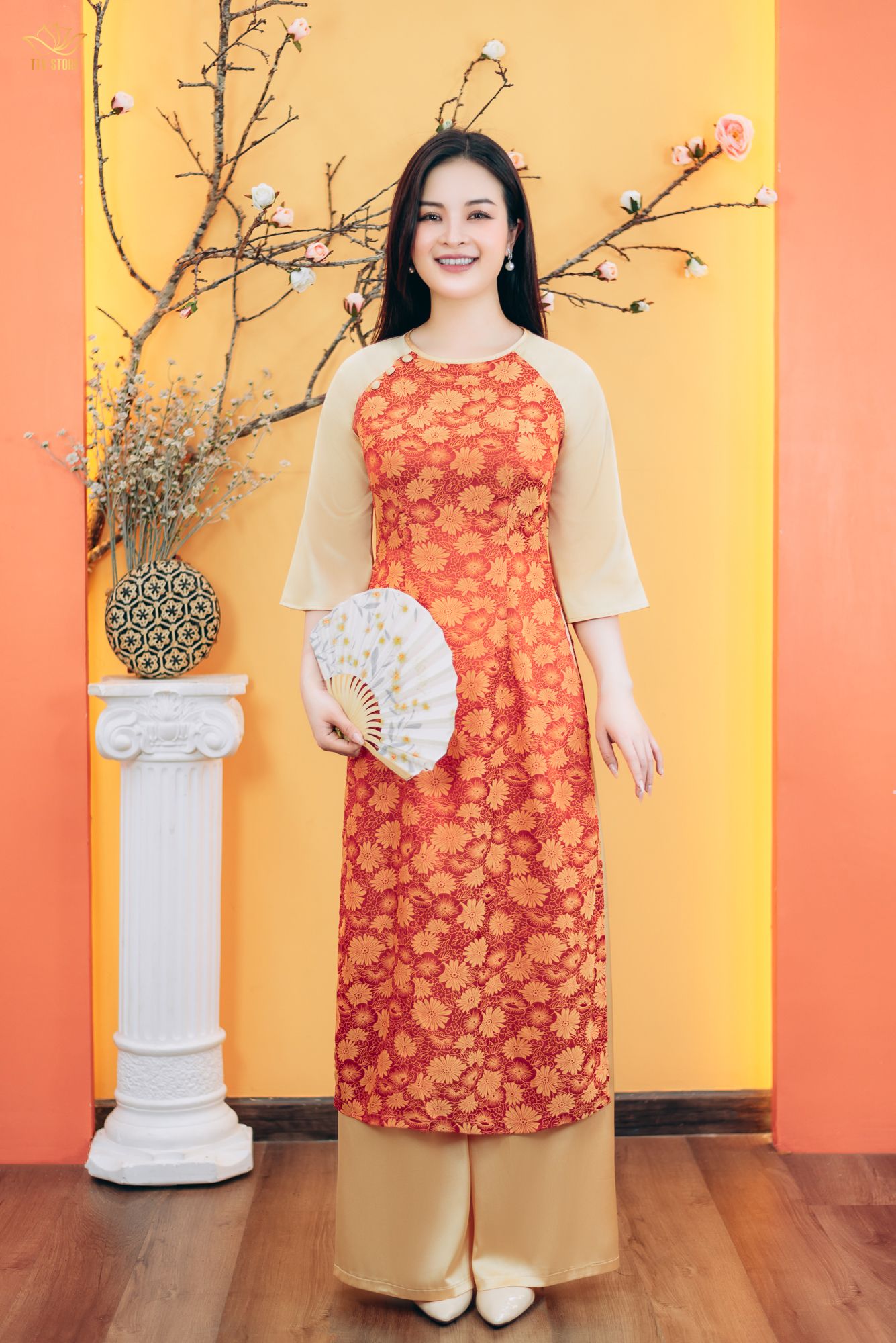 Áo dài  - Cổ tròn kết nút tay lỡ - CD - Cam hoa - TTV1768