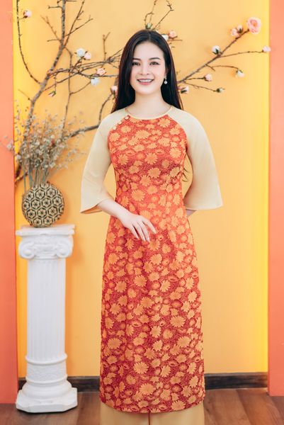 Áo dài  - Cổ tròn kết nút tay lỡ - CD - Cam hoa - TTV1768