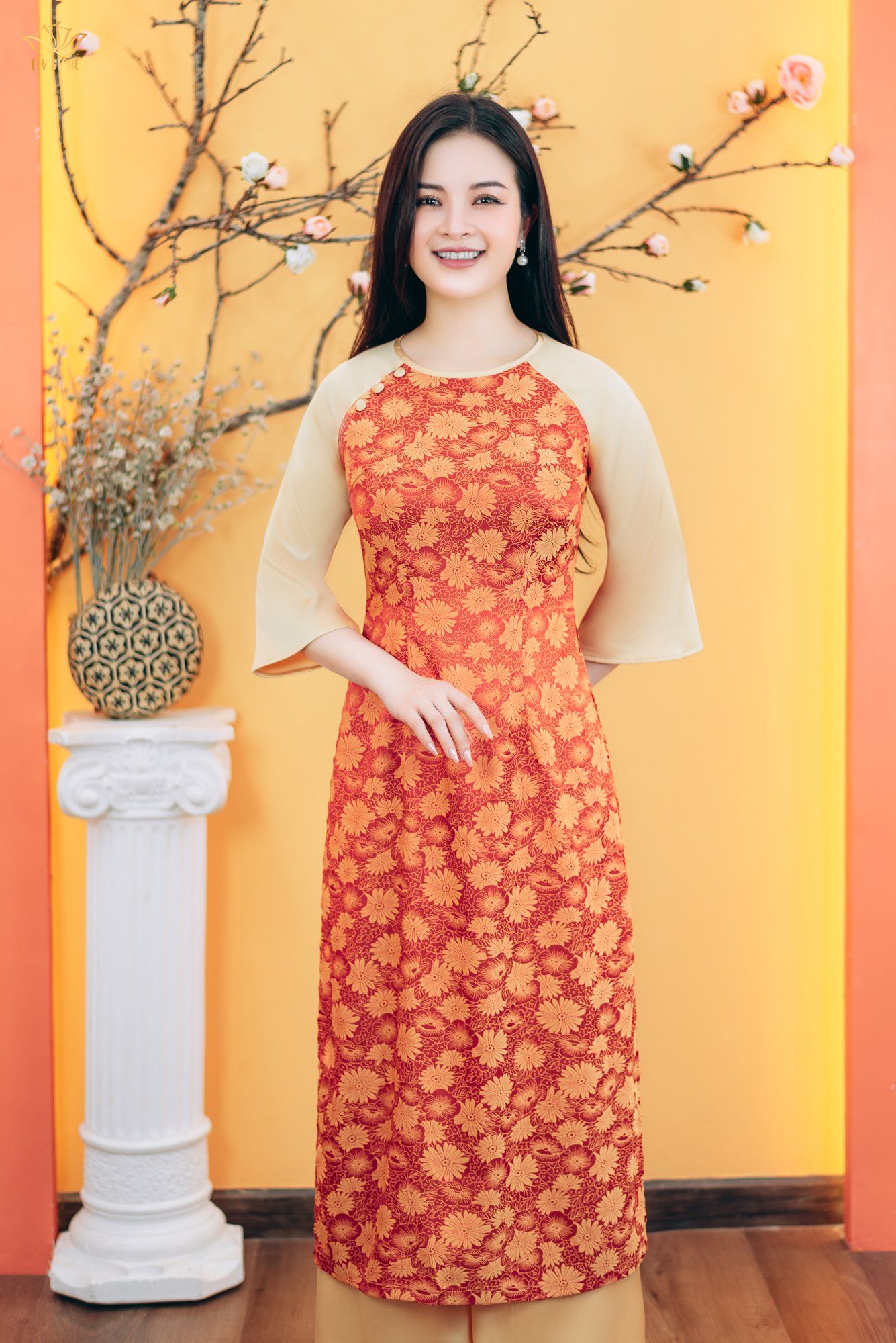 Áo dài  - Cổ tròn kết nút tay lỡ - CD - Cam hoa - TTV1768