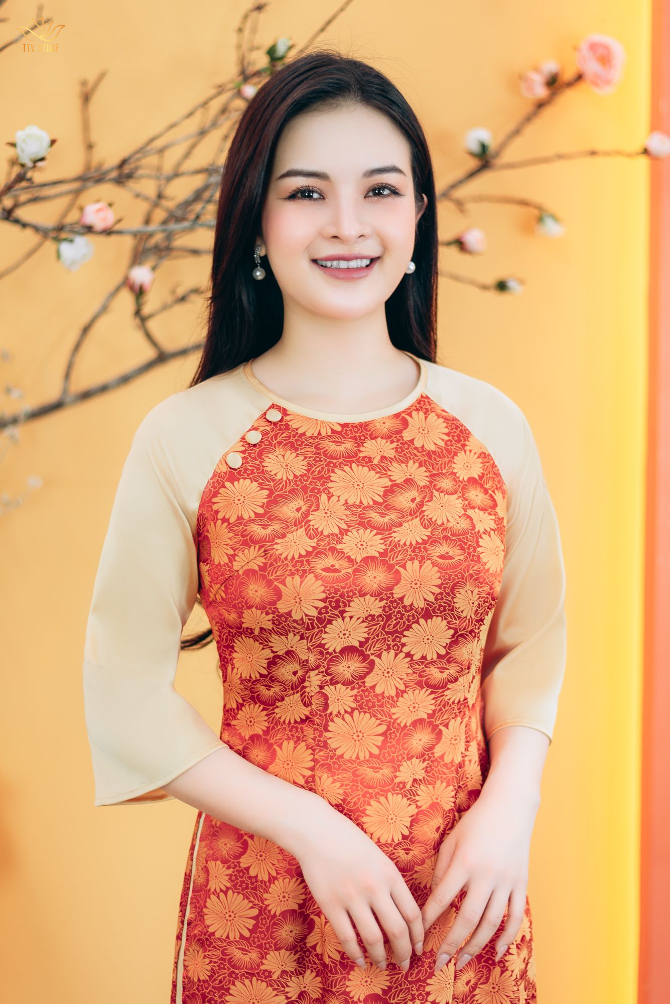 Áo dài  - Cổ tròn kết nút tay lỡ - CD - Cam hoa - TTV1768