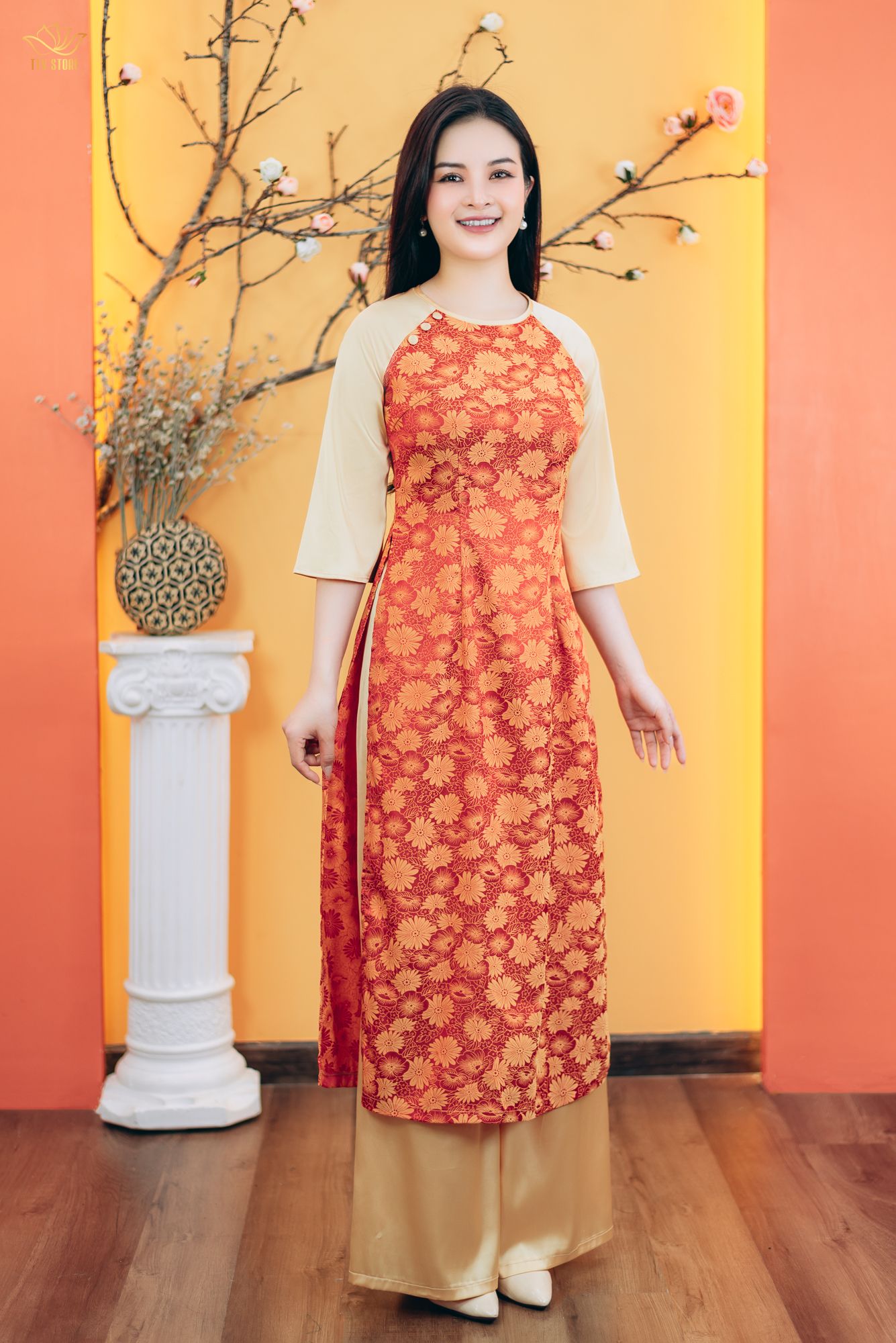 Áo dài  - Cổ tròn kết nút tay lỡ - CD - Cam hoa - TTV1768