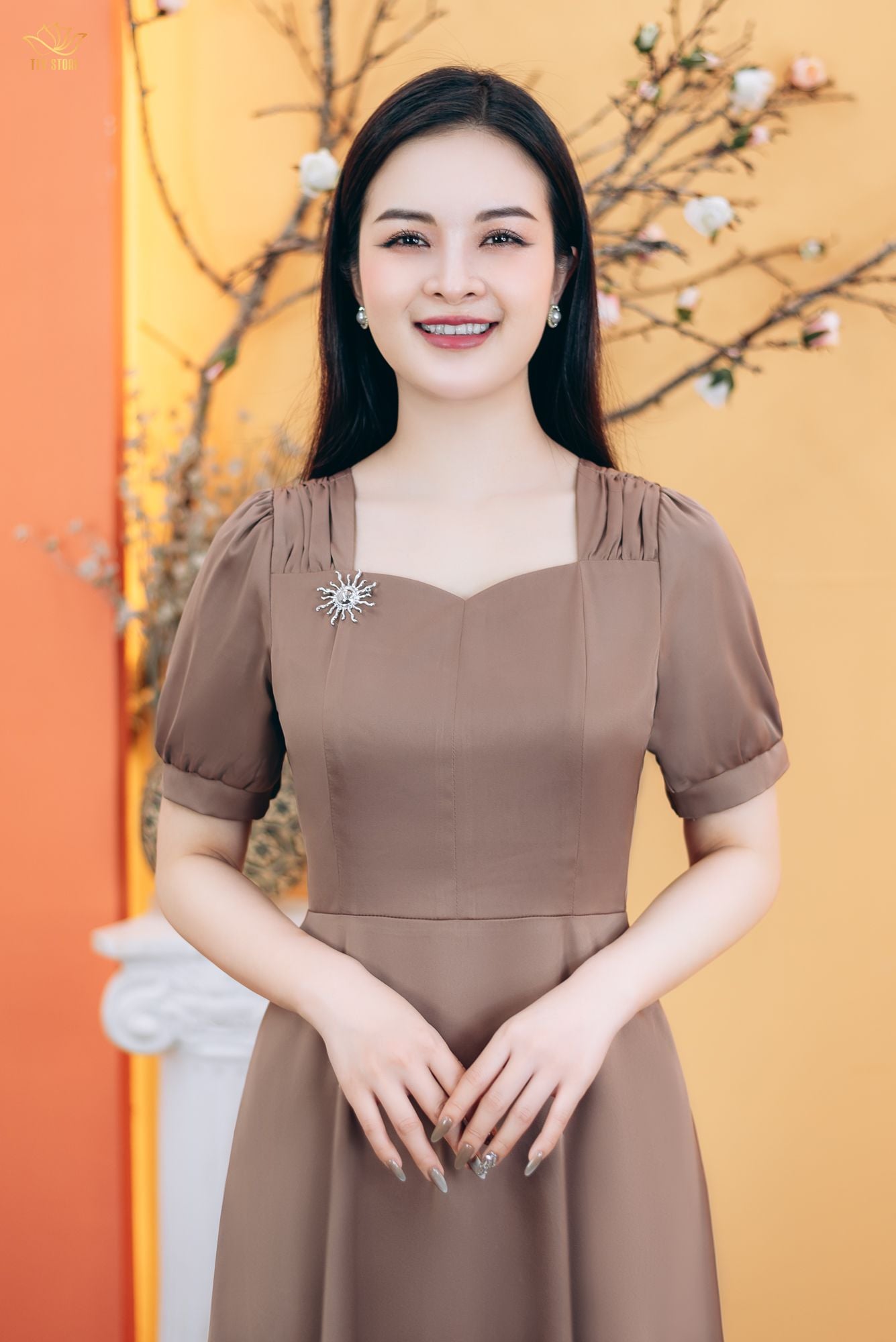 Đầm xòe - Cổ vuông tim nhúng tay ngắn - AH - Nâu cafe - TTV1773#