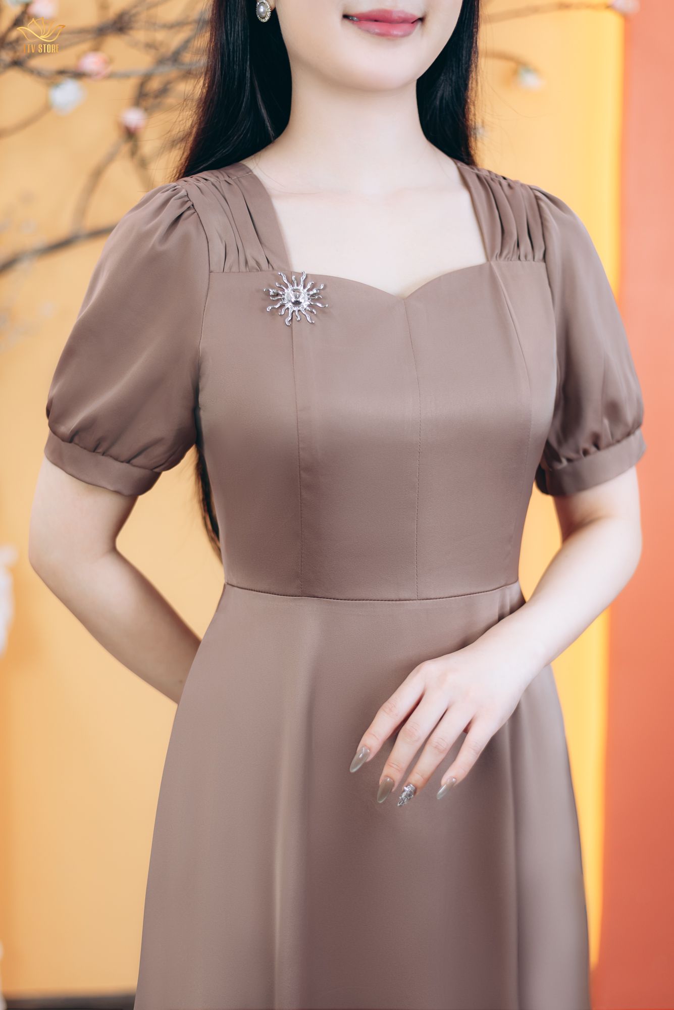 Đầm xòe - Cổ vuông tim nhúng tay ngắn - AH - Nâu cafe - TTV1773#