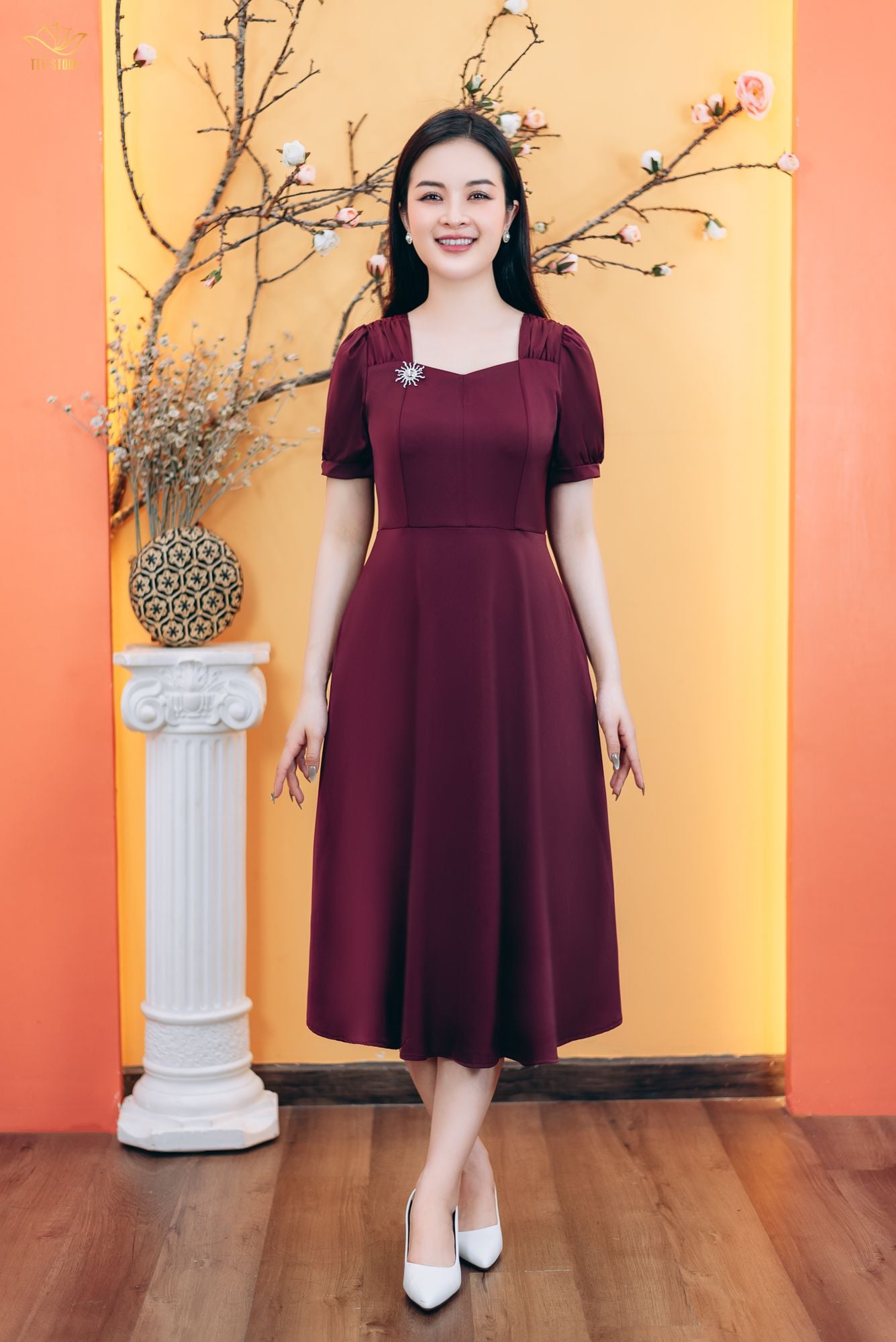 Đầm xòe - Cổ vuông tim nhúng tay ngắn - AH - Đỏ rượu - TTV1773#