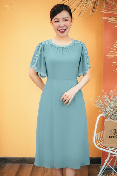 Đầm xòe - Cổ tròn phối ren tay loe - CT - Xanh ngọc - TTV1469