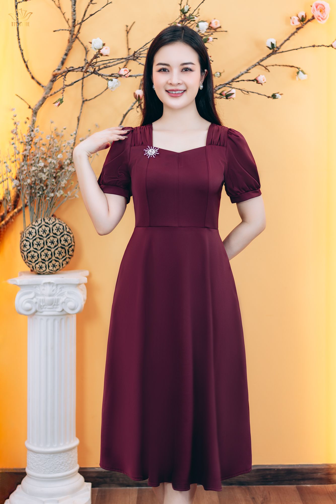 Đầm xòe - Cổ vuông tim nhúng tay ngắn - AH - Đỏ rượu - TTV1773#