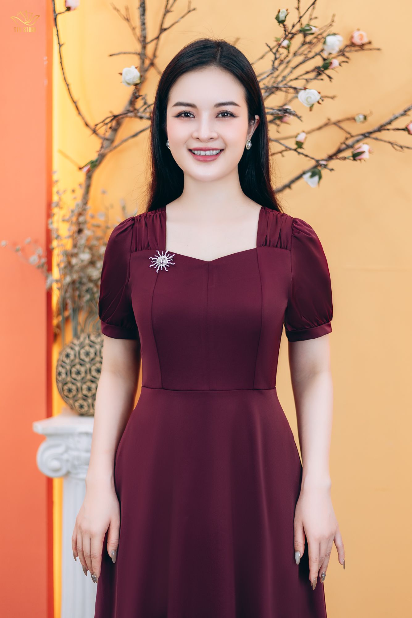 Đầm xòe - Cổ vuông tim nhúng tay ngắn - AH - Đỏ rượu - TTV1773#