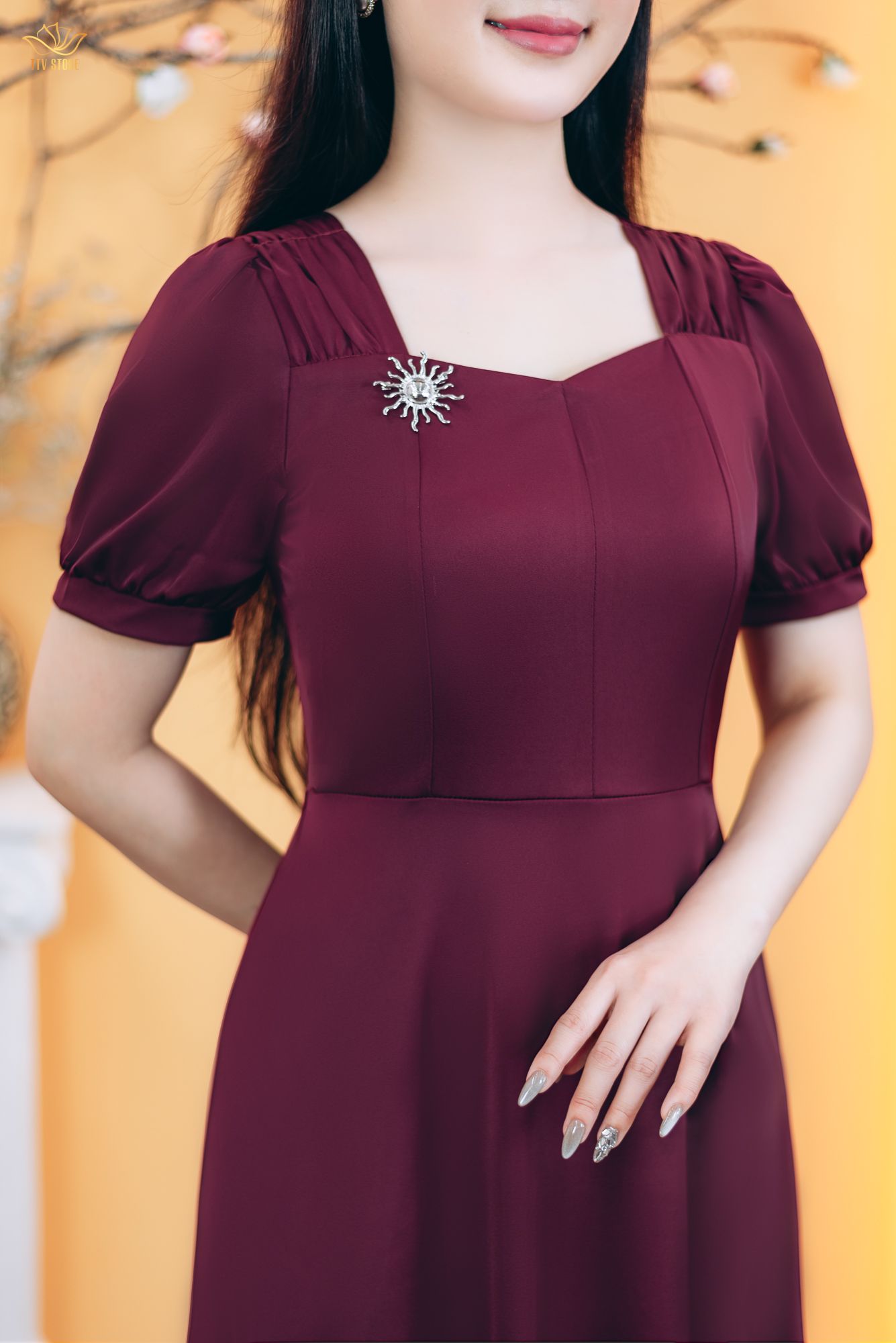 Đầm xòe - Cổ vuông tim nhúng tay ngắn - AH - Đỏ rượu - TTV1773#