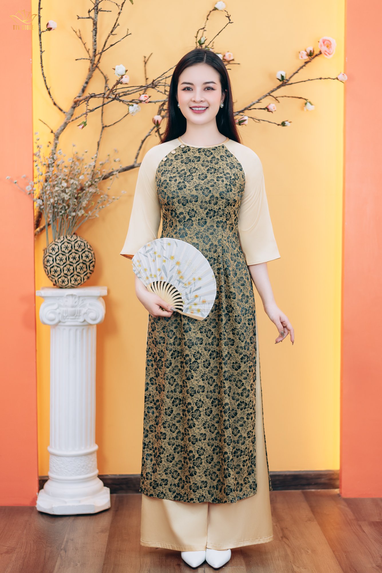 Áo dài - Cổ tròn kết nút tay lỡ - CD - Xanh hoa - TTV1782