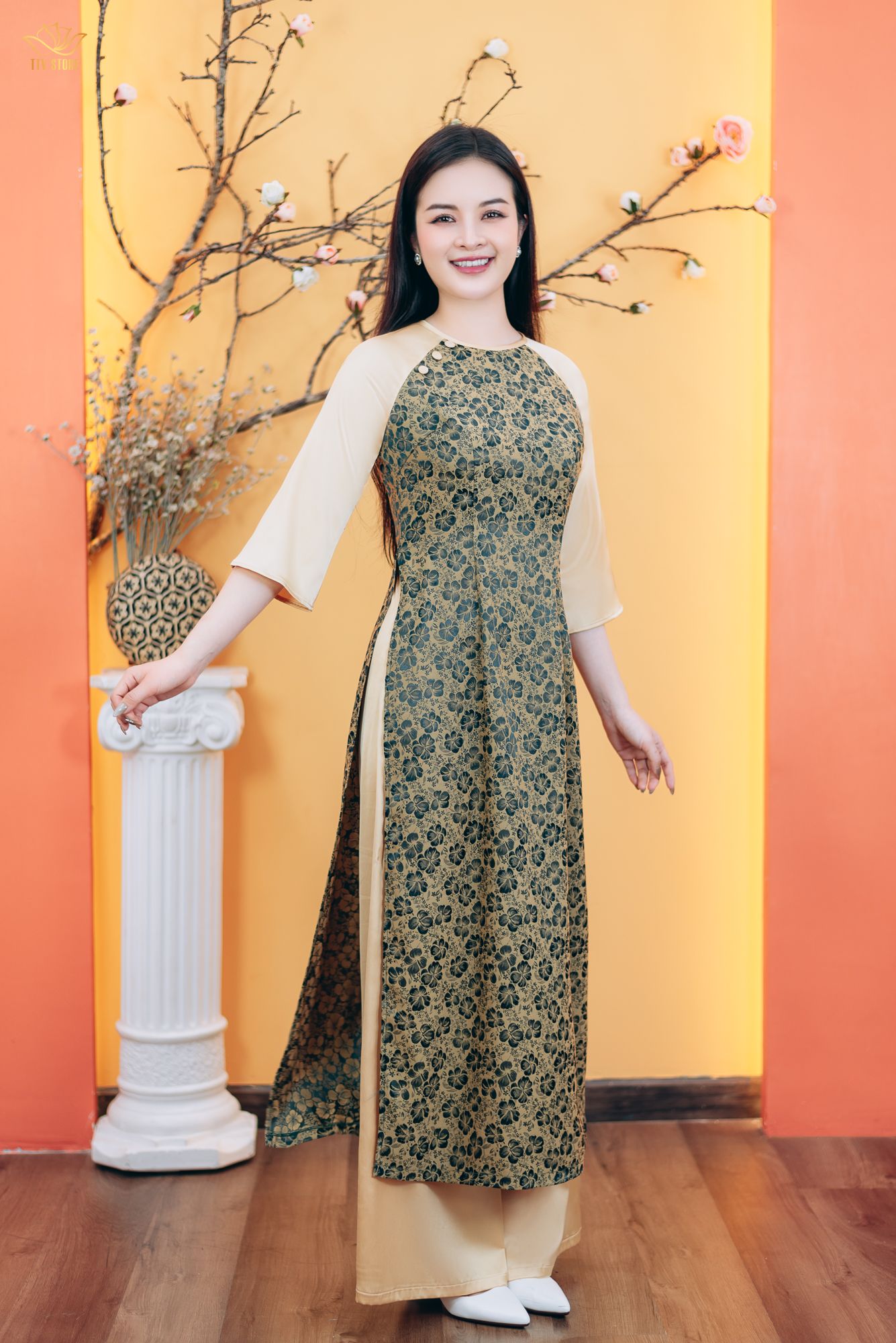 Áo dài - Cổ tròn kết nút tay lỡ - CD - Xanh hoa - TTV1782