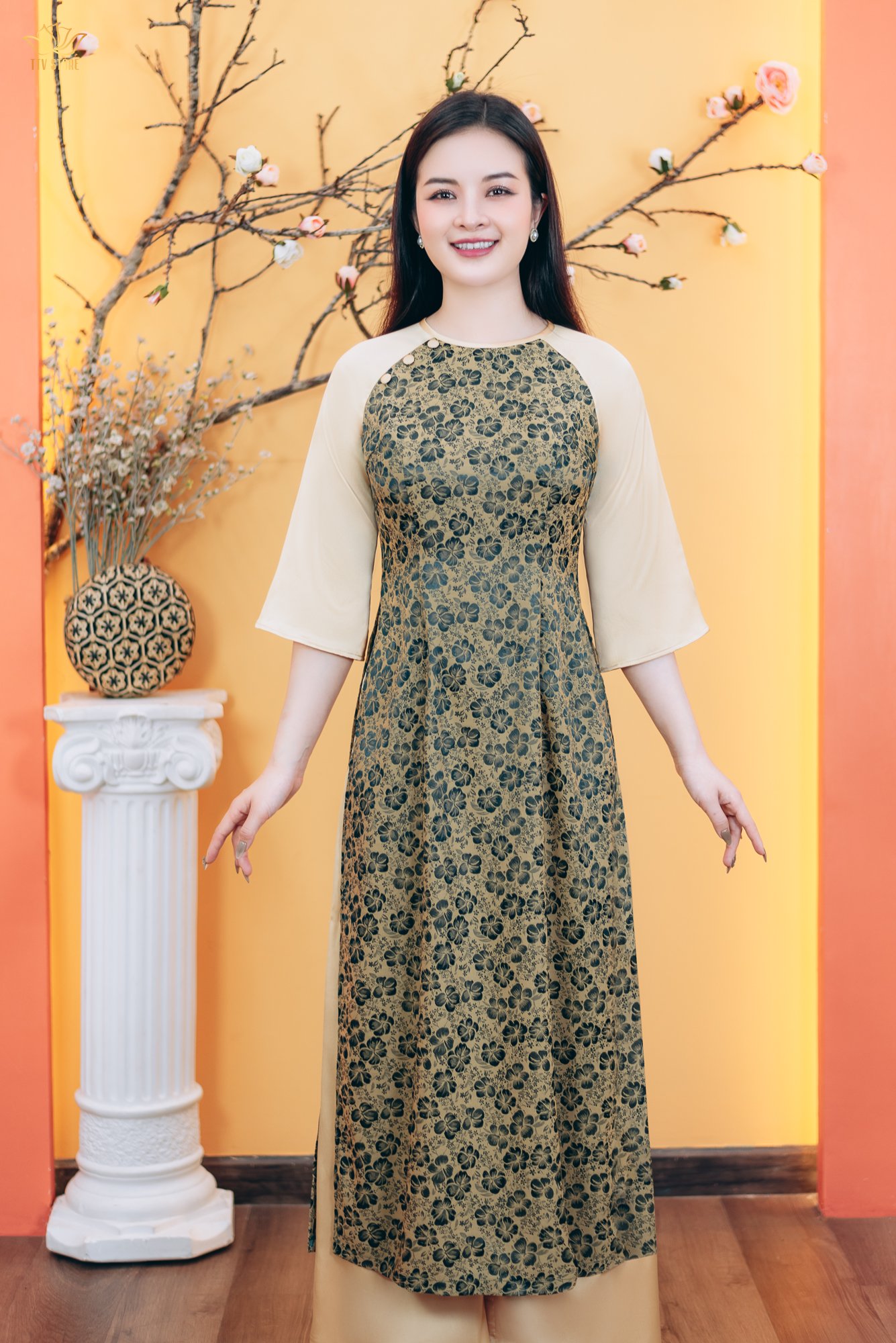Áo dài - Cổ tròn kết nút tay lỡ - CD - Xanh hoa - TTV1782