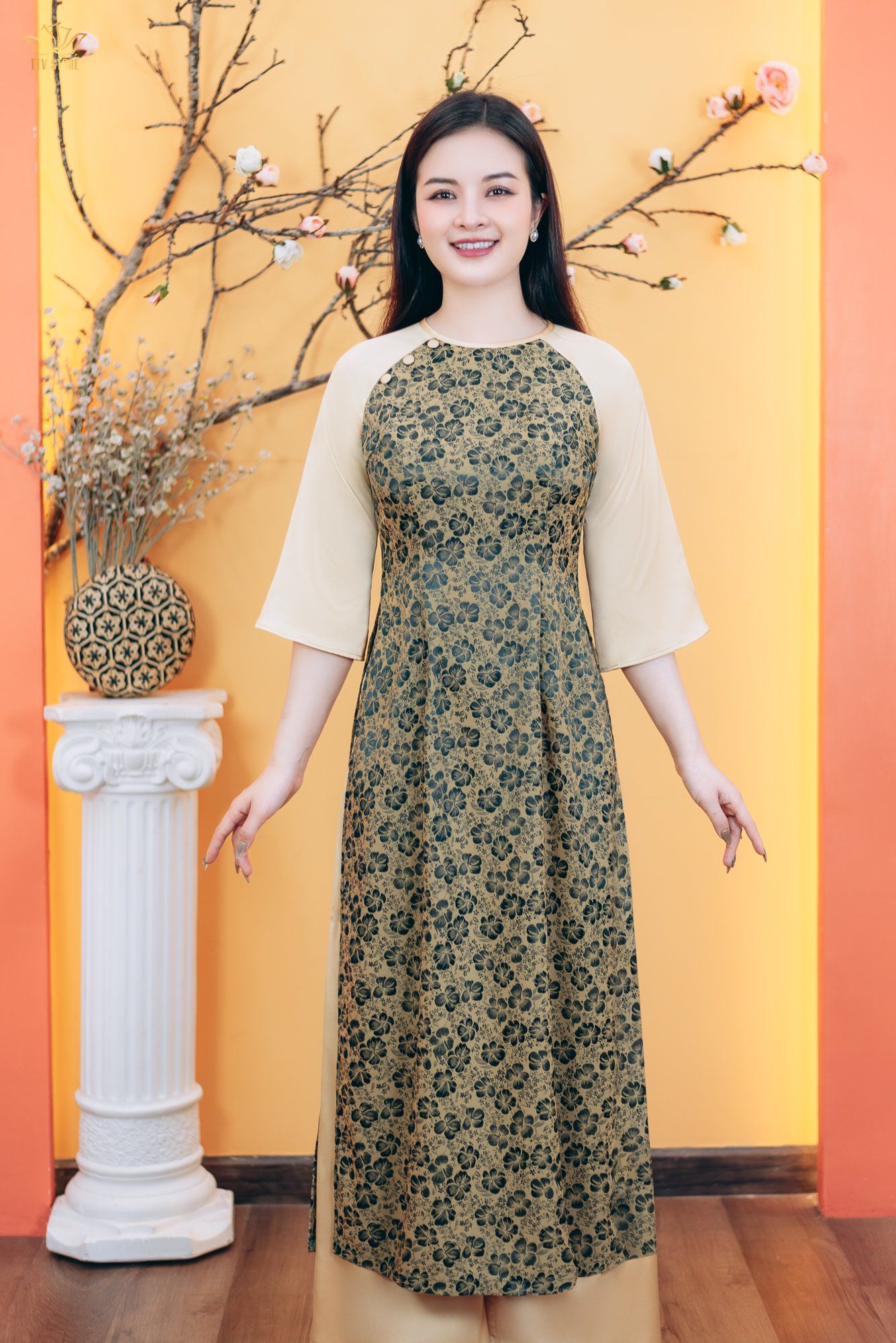 Áo dài - Cổ tròn kết nút tay lỡ - CD - Xanh hoa - TTV1782