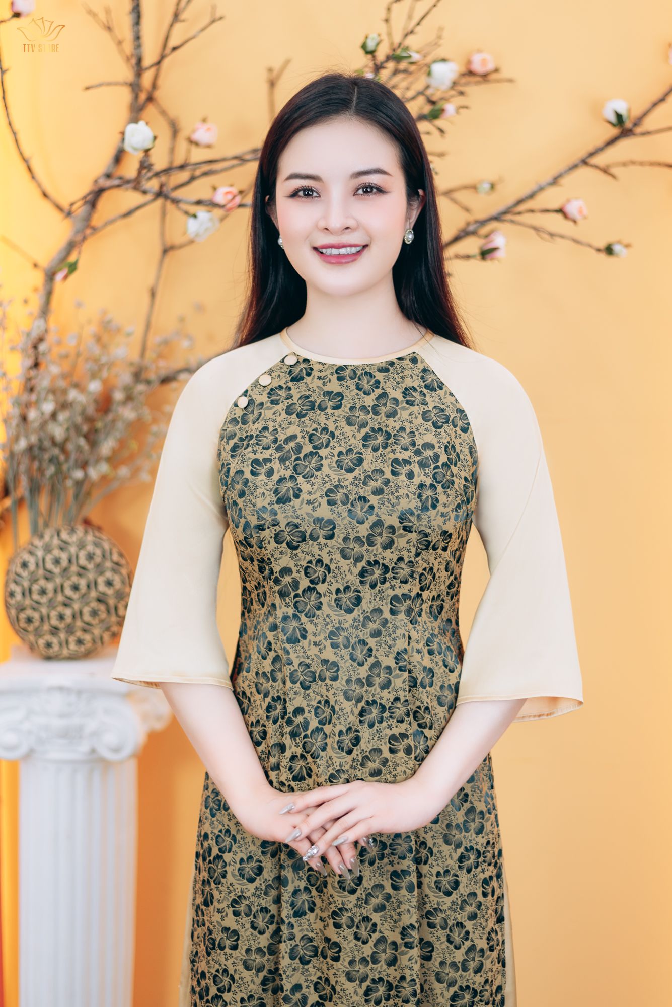 Áo dài - Cổ tròn kết nút tay lỡ - CD - Xanh hoa - TTV1782