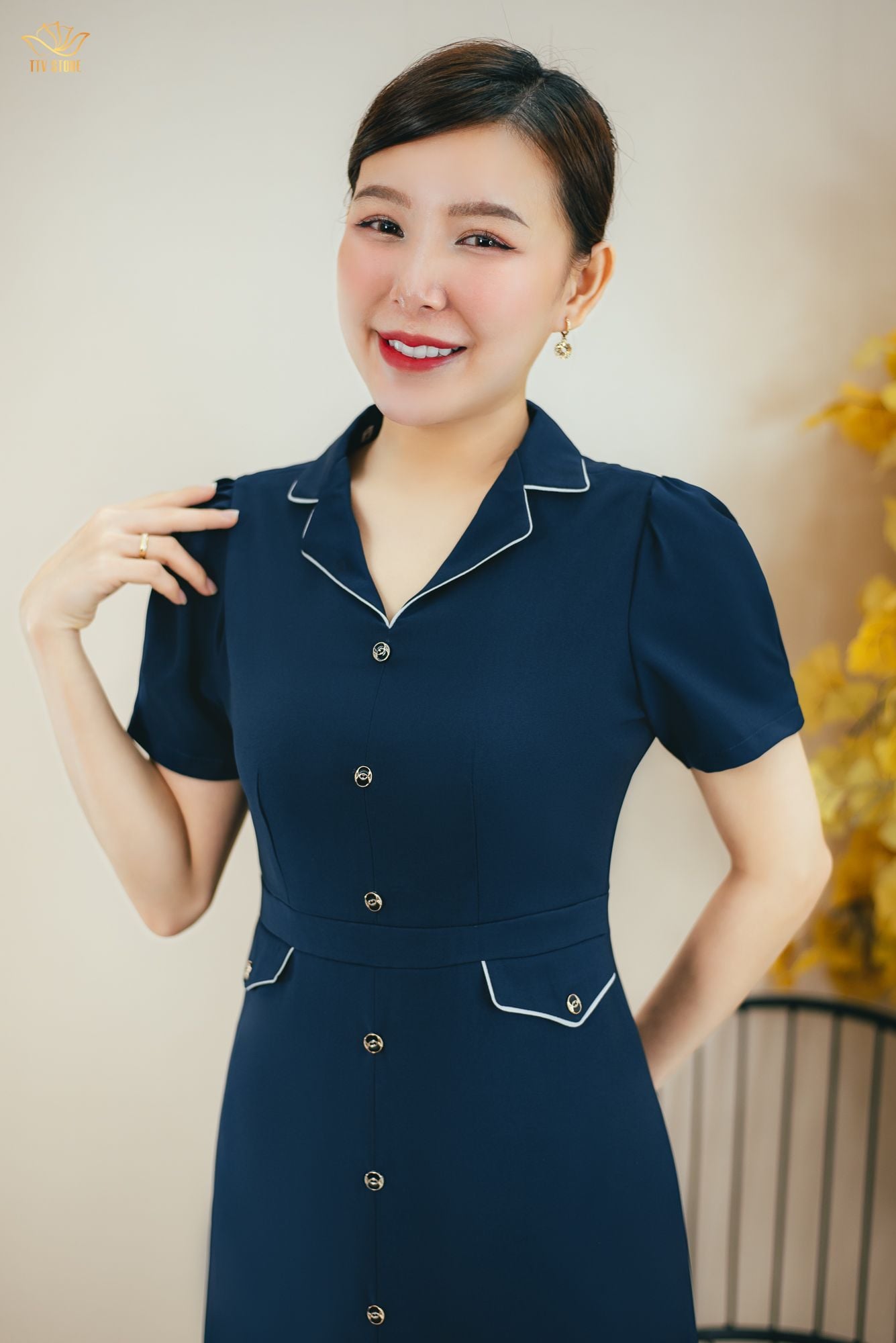 Đầm form A - Cổ đan ton kết nút tay ngắn - AH - Xanh đen - TTV1478