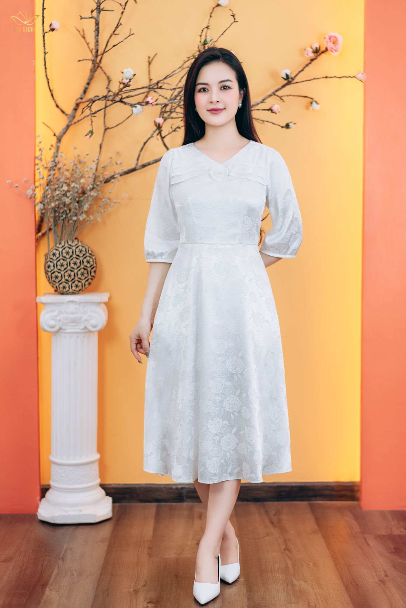 Đầm xòe - Cổ tim bèo kết hoa tay lỡ - CV - Trắng - TTV1776