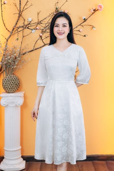 Đầm xòe - Cổ tim bèo kết hoa tay lỡ - CV - Trắng - TTV1776