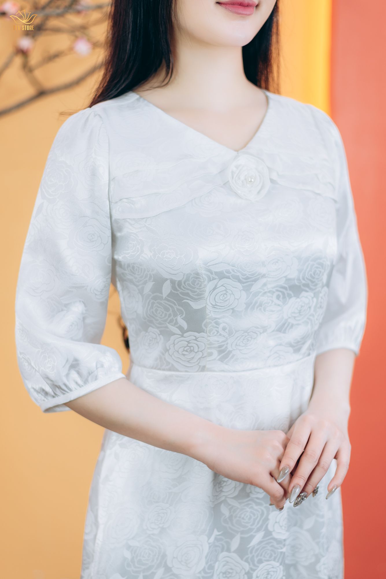 Đầm xòe - Cổ tim bèo kết hoa tay lỡ - CV - Trắng - TTV1776
