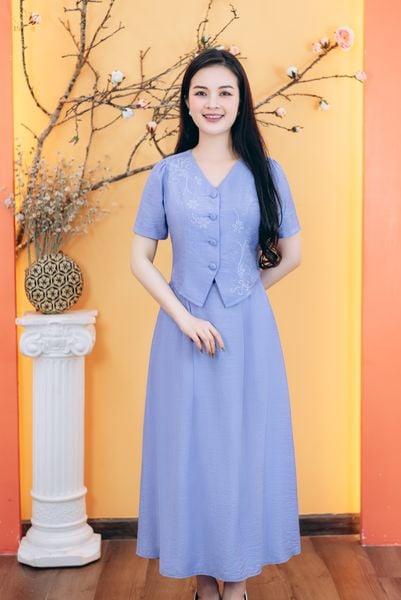 Áo - Cổ tim kết nút tay ngắn đính hạt đá - CT - Tím cà - TTV1778