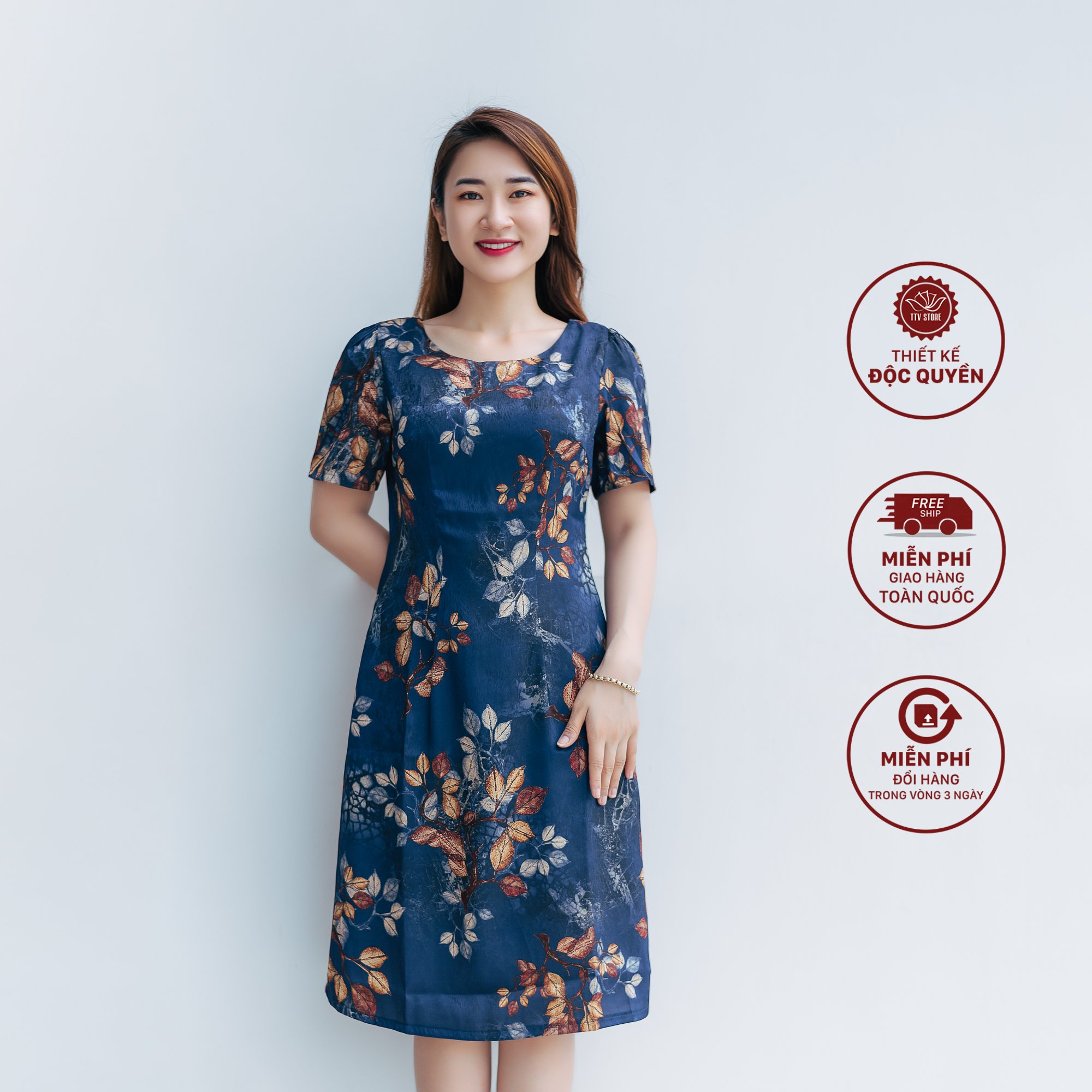 Đầm suông - Cổ tròn tay ngắn - CD - Xanh hoa kem - TTV1159