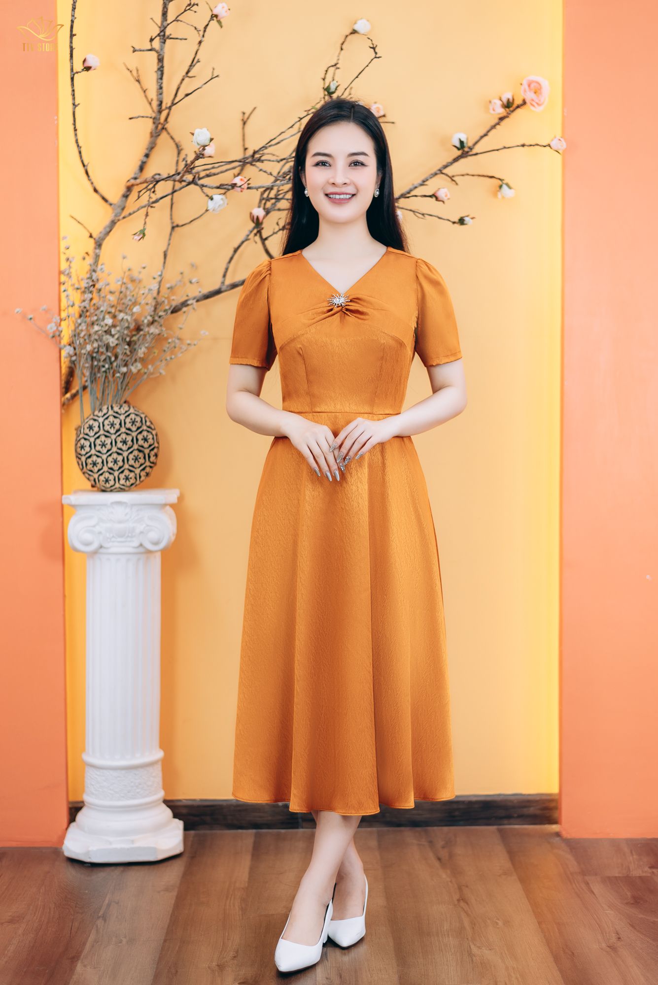 Đầm xòe - Cổ tim xoắn tay ngắn - CD - Cam - TTV1772#