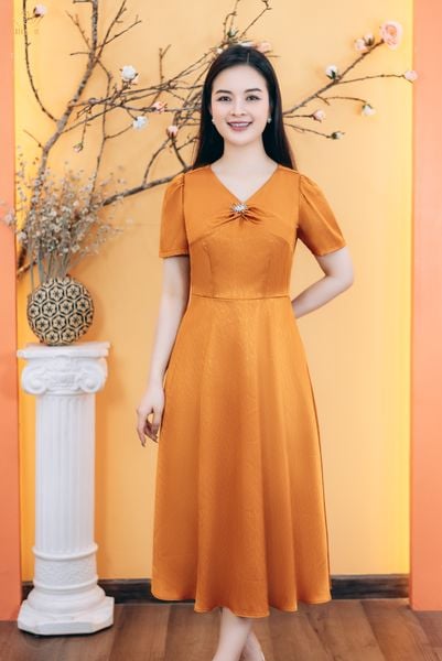 Đầm xòe - Cổ tim xoắn tay ngắn - CD - Cam - TTV1772#