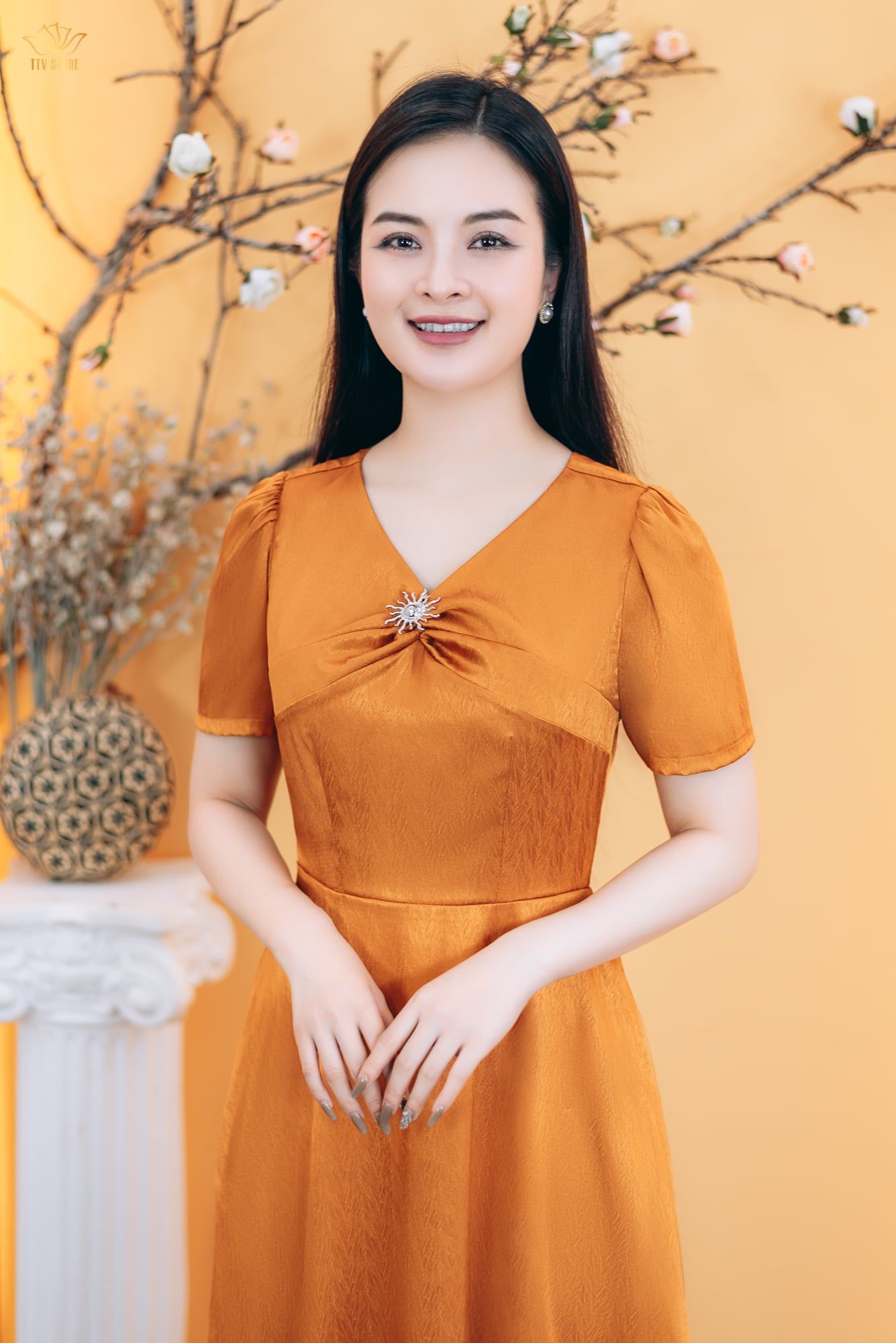 Đầm xòe - Cổ tim xoắn tay ngắn - CD - Cam - TTV1772#