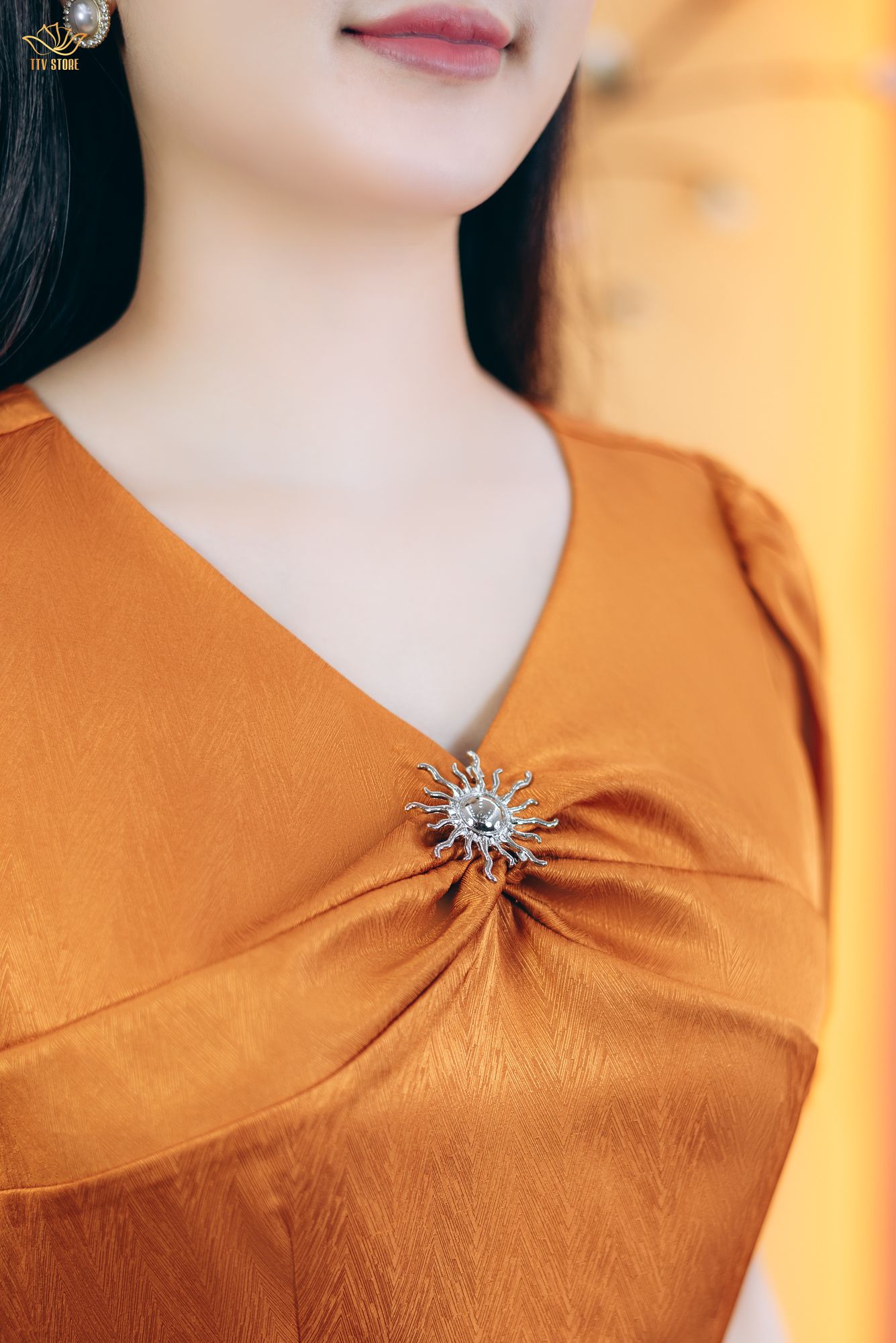 Đầm xòe - Cổ tim xoắn tay ngắn - CD - Cam - TTV1772#