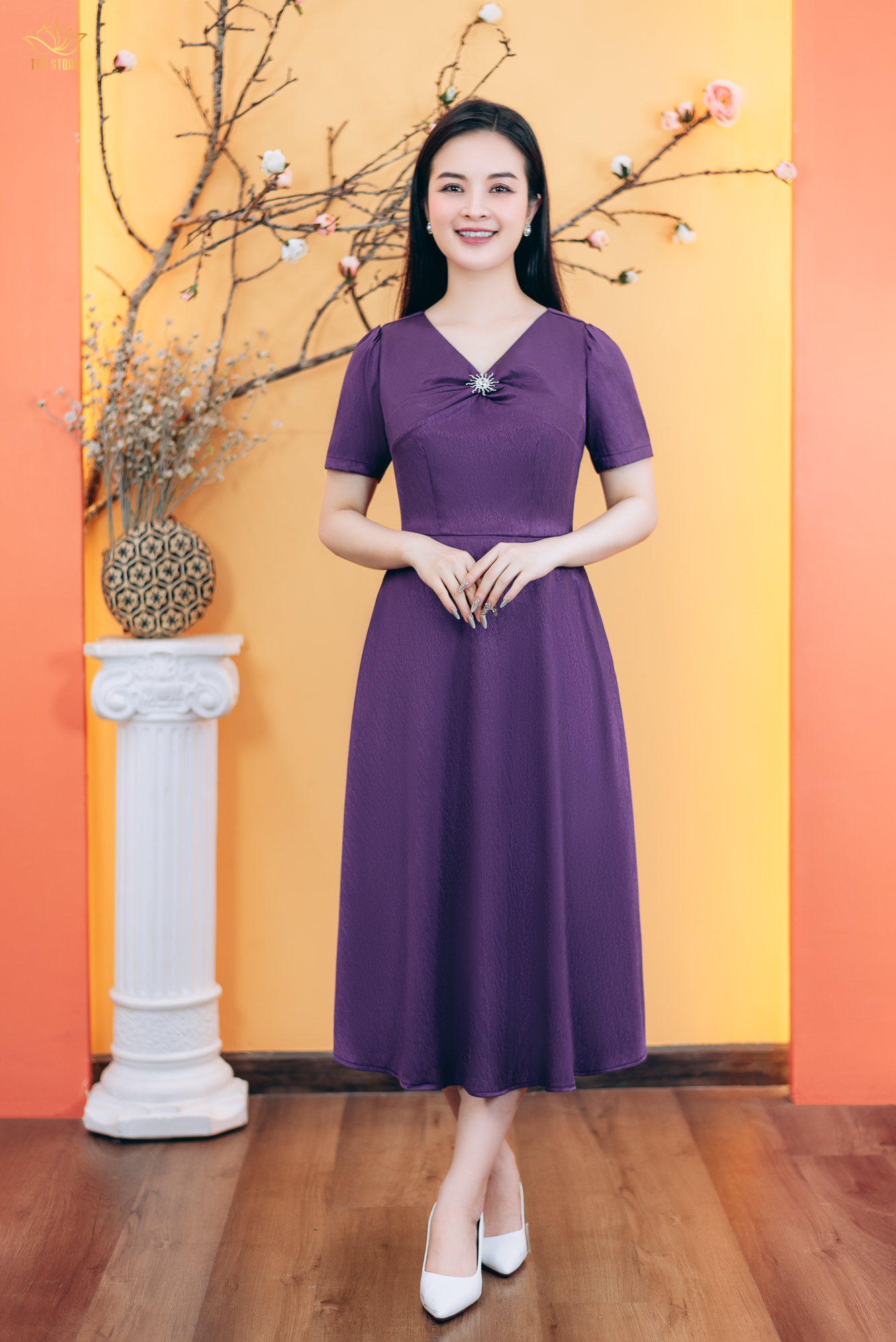 Đầm xòe - Cổ tim xoắn tay ngắn - CD - Tím cẩm - TTV1772#