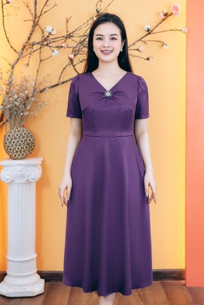 Đầm xòe - Cổ tim xoắn tay ngắn - CD - Tím cẩm - TTV1772#