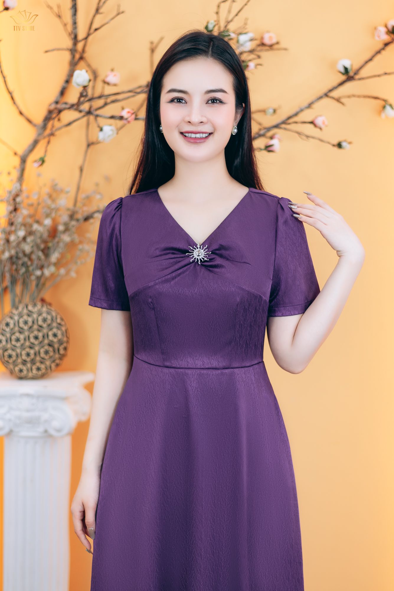 Đầm xòe - Cổ tim xoắn tay ngắn - CD - Tím cẩm - TTV1772#