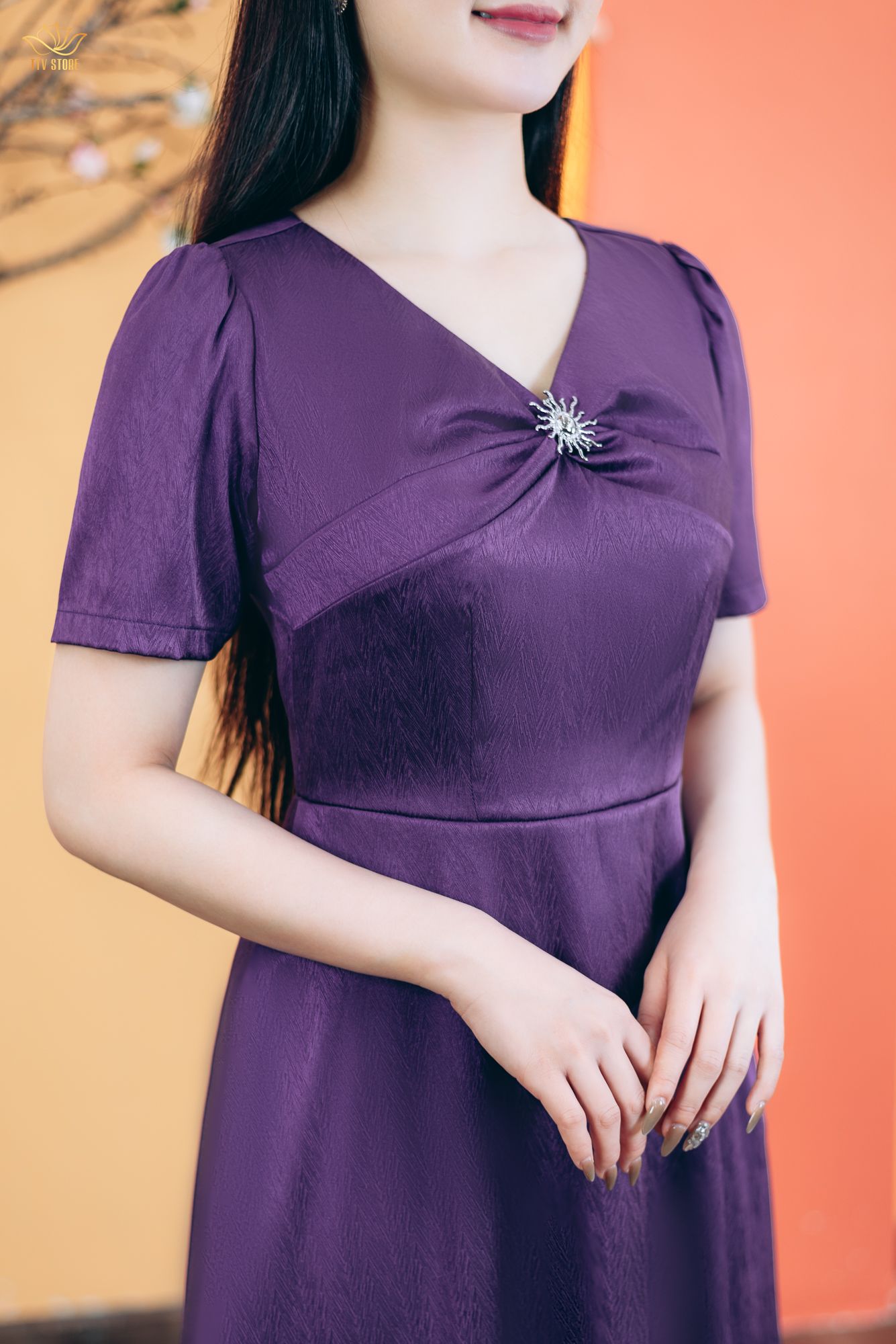 Đầm xòe - Cổ tim xoắn tay ngắn - CD - Tím cẩm - TTV1772#