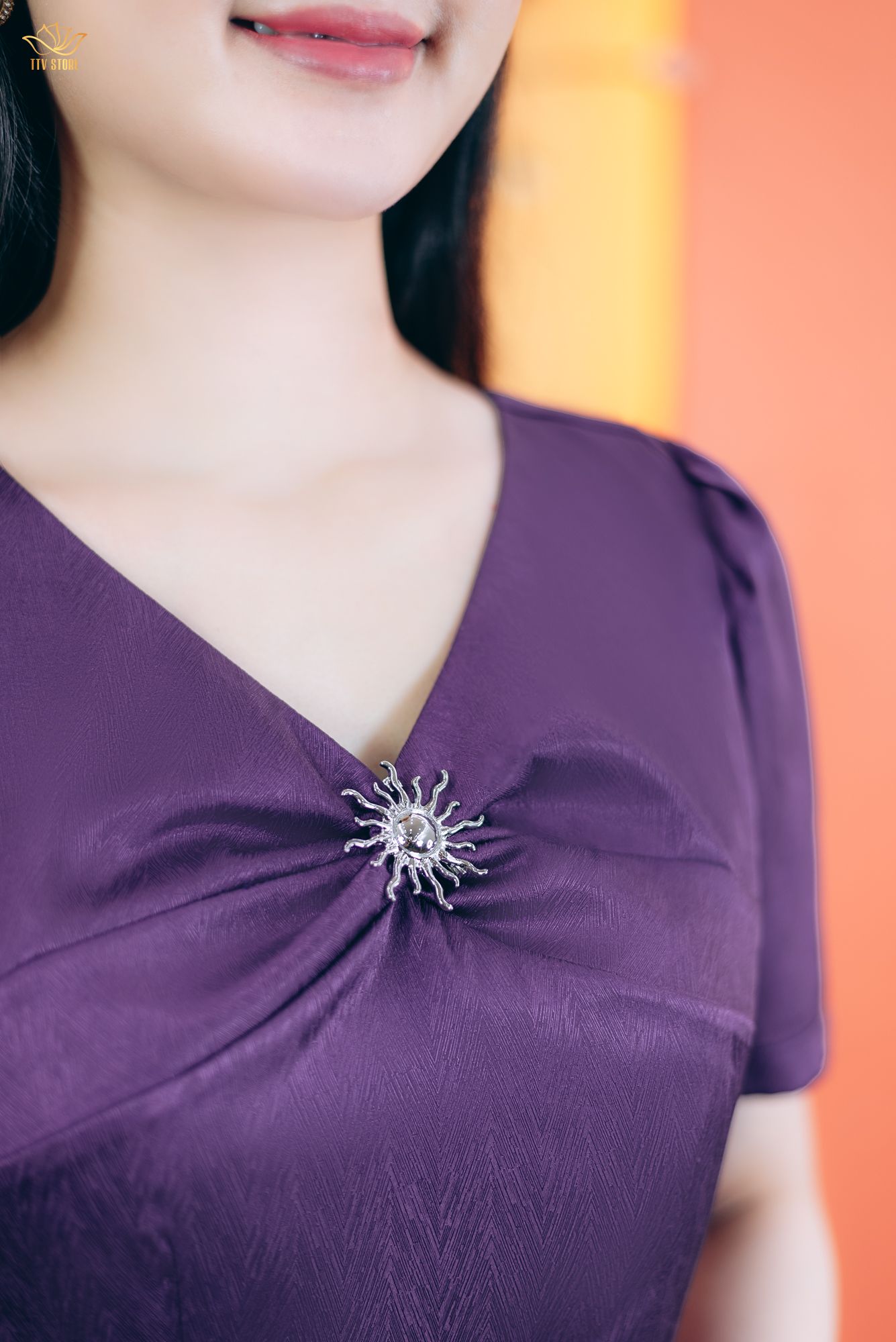 Đầm xòe - Cổ tim xoắn tay ngắn - CD - Tím cẩm - TTV1772#