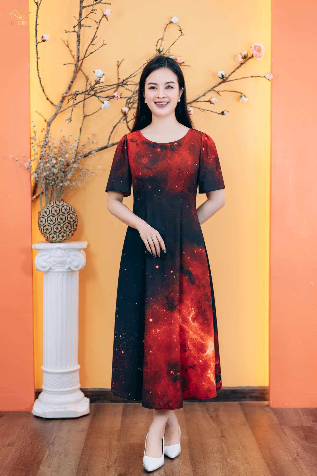 Đầm suông xòe - Cổ tròn tay ngắn - CD - Đen họa tiết - TTV1779