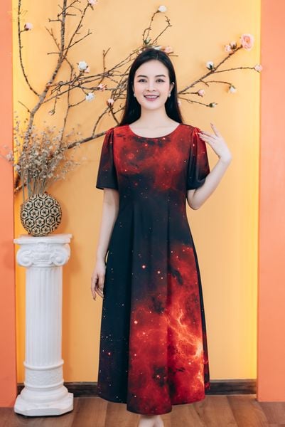 Đầm suông xòe - Cổ tròn tay ngắn - CD - Đen họa tiết - TTV1779