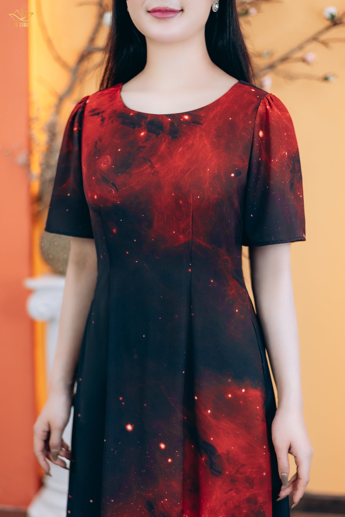 Đầm suông xòe - Cổ tròn tay ngắn - CD - Đen họa tiết - TTV1779