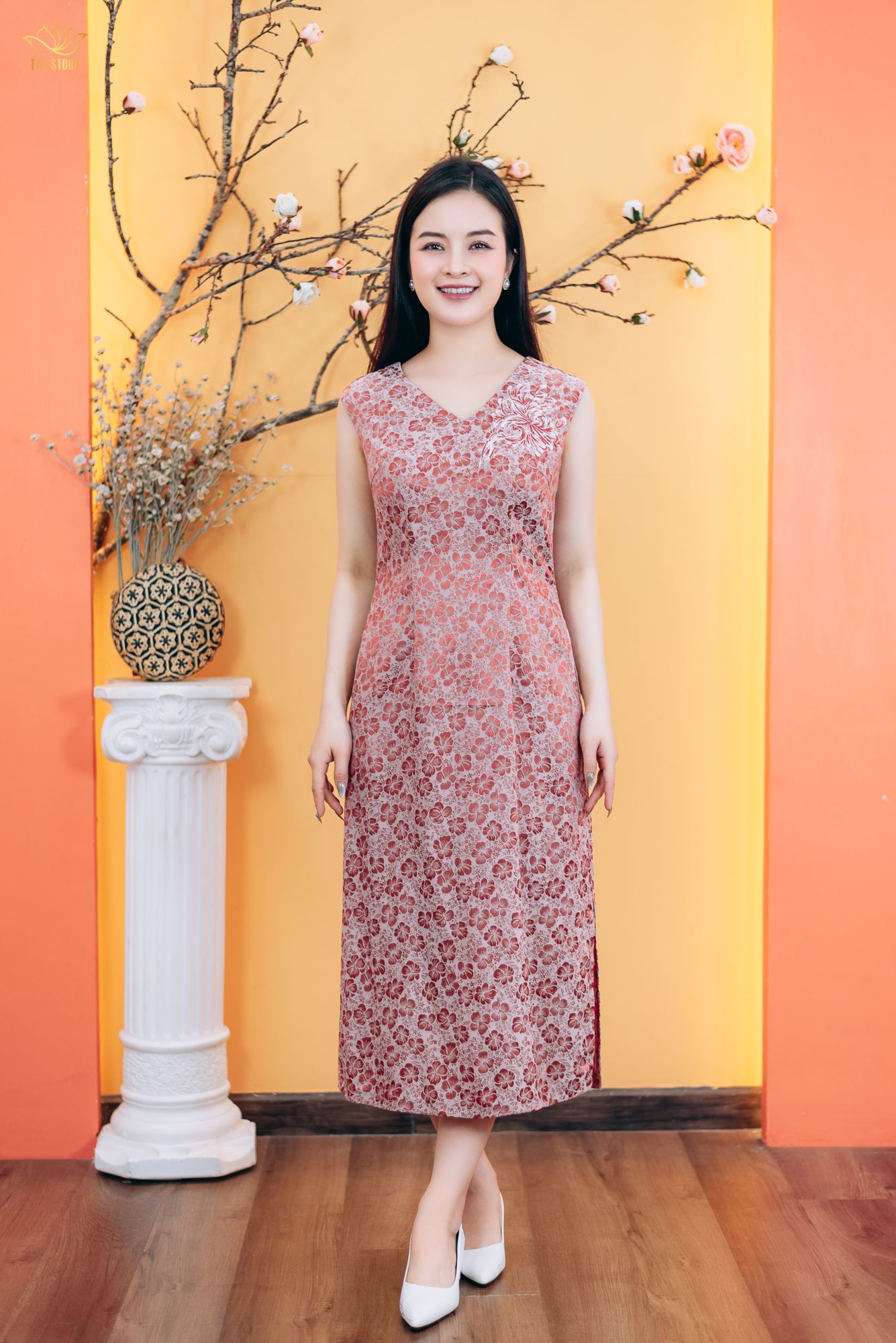 Đầm suông - Cổ tim hoa thêu tay sát nách - CT - Hồng ruốc - TTV1781