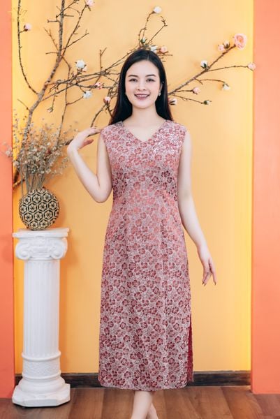 Đầm suông - Cổ tim hoa thêu tay sát nách - CT - Hồng ruốc - TTV1781