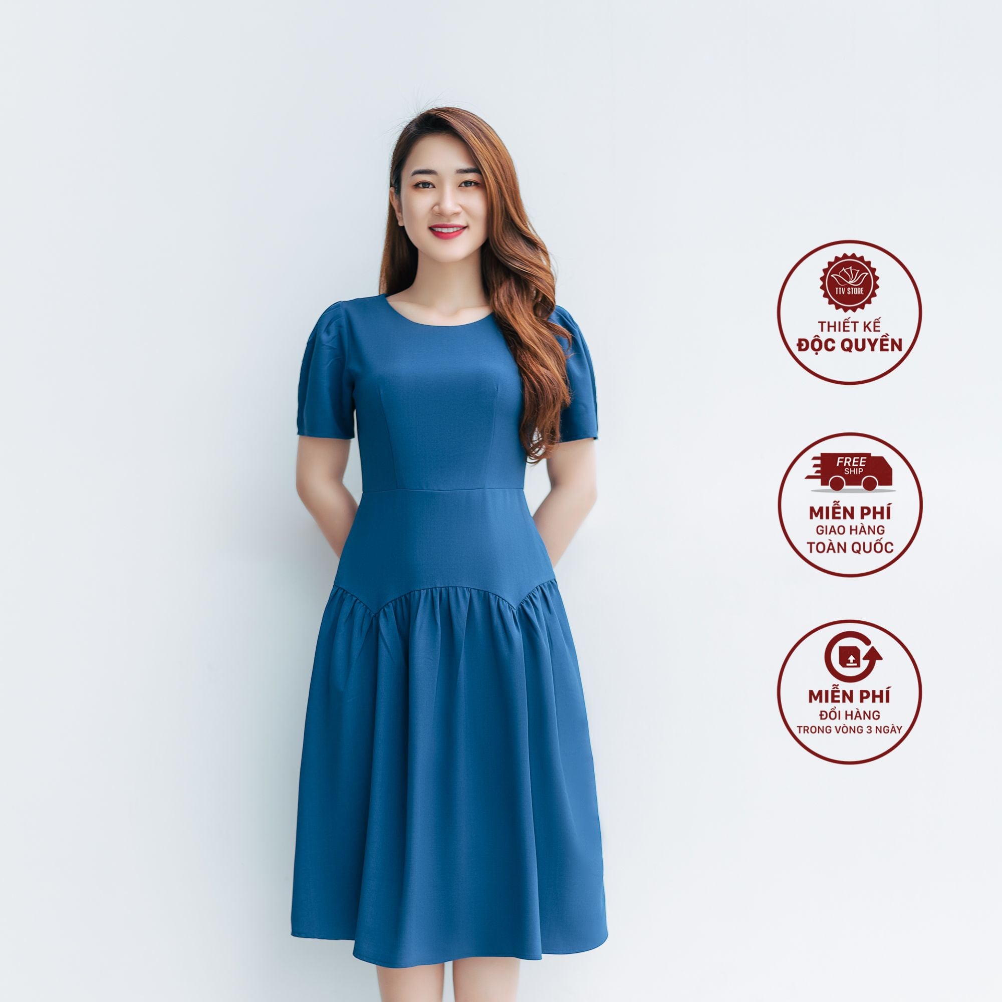 Đầm xoè - Cổ tròn tay ngắn - CT - Xanh cổ vịt - TTV1158#