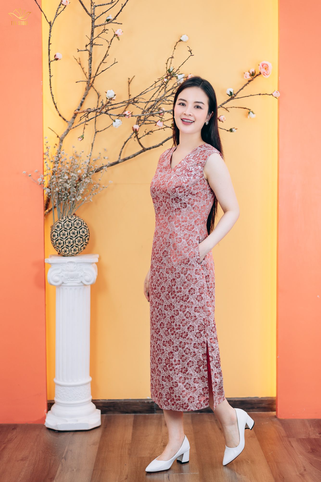 Đầm suông - Cổ tim hoa thêu tay sát nách - CT - Hồng ruốc - TTV1781