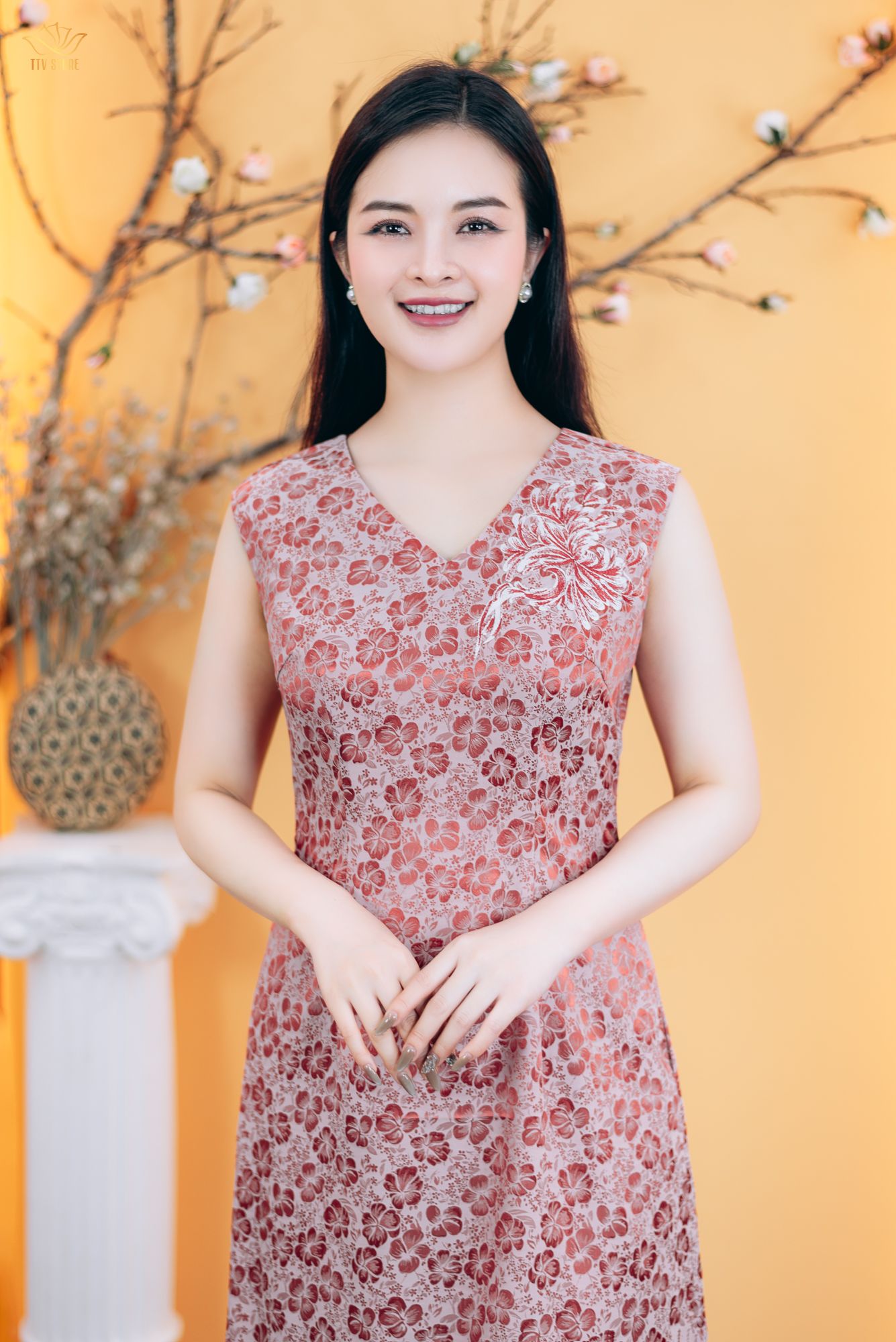 Đầm suông - Cổ tim hoa thêu tay sát nách - CT - Hồng ruốc - TTV1781