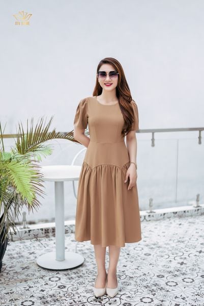 Đầm xoè - Cổ tròn tay ngắn - CT - Nâu cà phê - TTV1158#