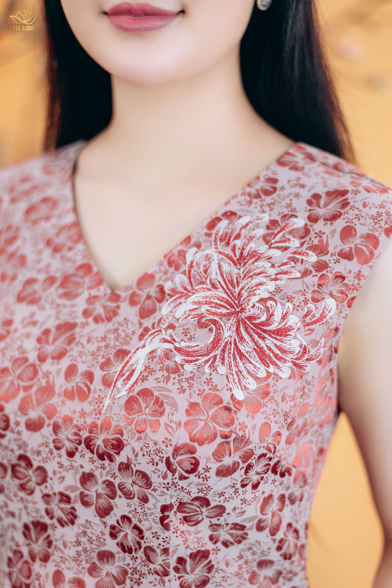Đầm suông - Cổ tim hoa thêu tay sát nách - CT - Hồng ruốc - TTV1781