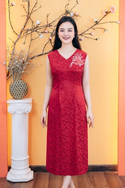 Đầm suông - Cổ tim hoa thêu tay sát nách - CT - Đỏ - TTV1781